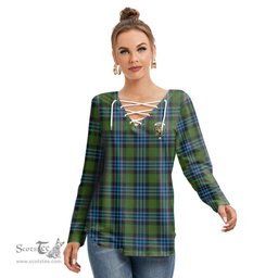 ScotsTee Shop Scottish Newlands of Lauriston Clan Crest Tartan Womens V Neck Lace Up Criss Cross Sweatshirt