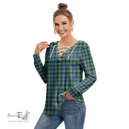 ScotsTee Shop Scottish Mouat Clan Tartan Womens V Neck Lace Up Criss Cross Sweatshirt