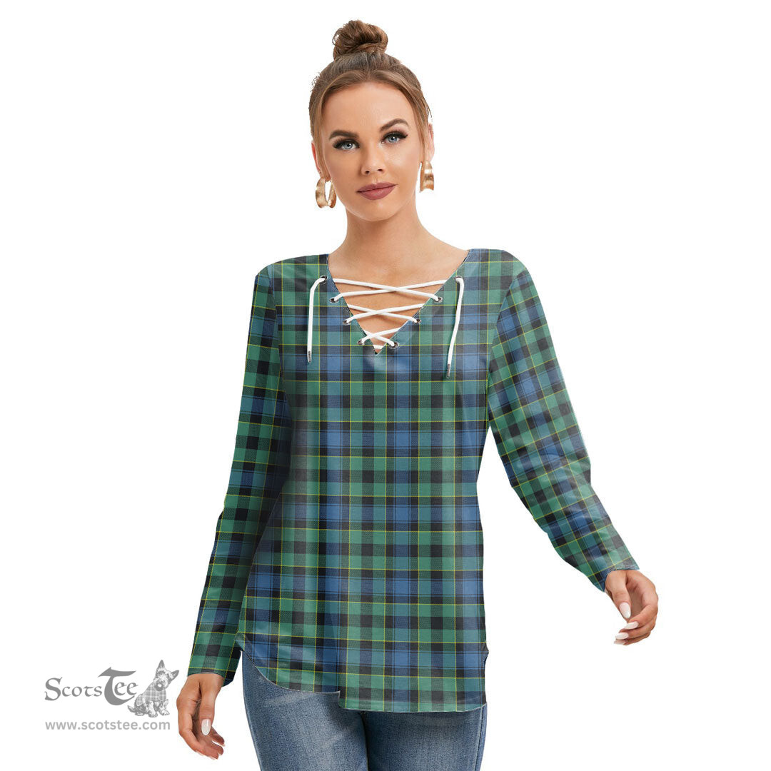ScotsTee Shop Scottish Mouat Clan Tartan Womens V Neck Lace Up Criss Cross Sweatshirt