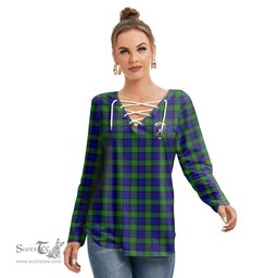 ScotsTee Shop Scottish Sempill Modern Clan Crest Tartan Womens V Neck Lace Up Criss Cross Sweatshirt