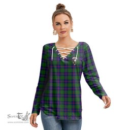 ScotsTee Shop Scottish Shaw Modern Clan Crest Tartan Womens V Neck Lace Up Criss Cross Sweatshirt