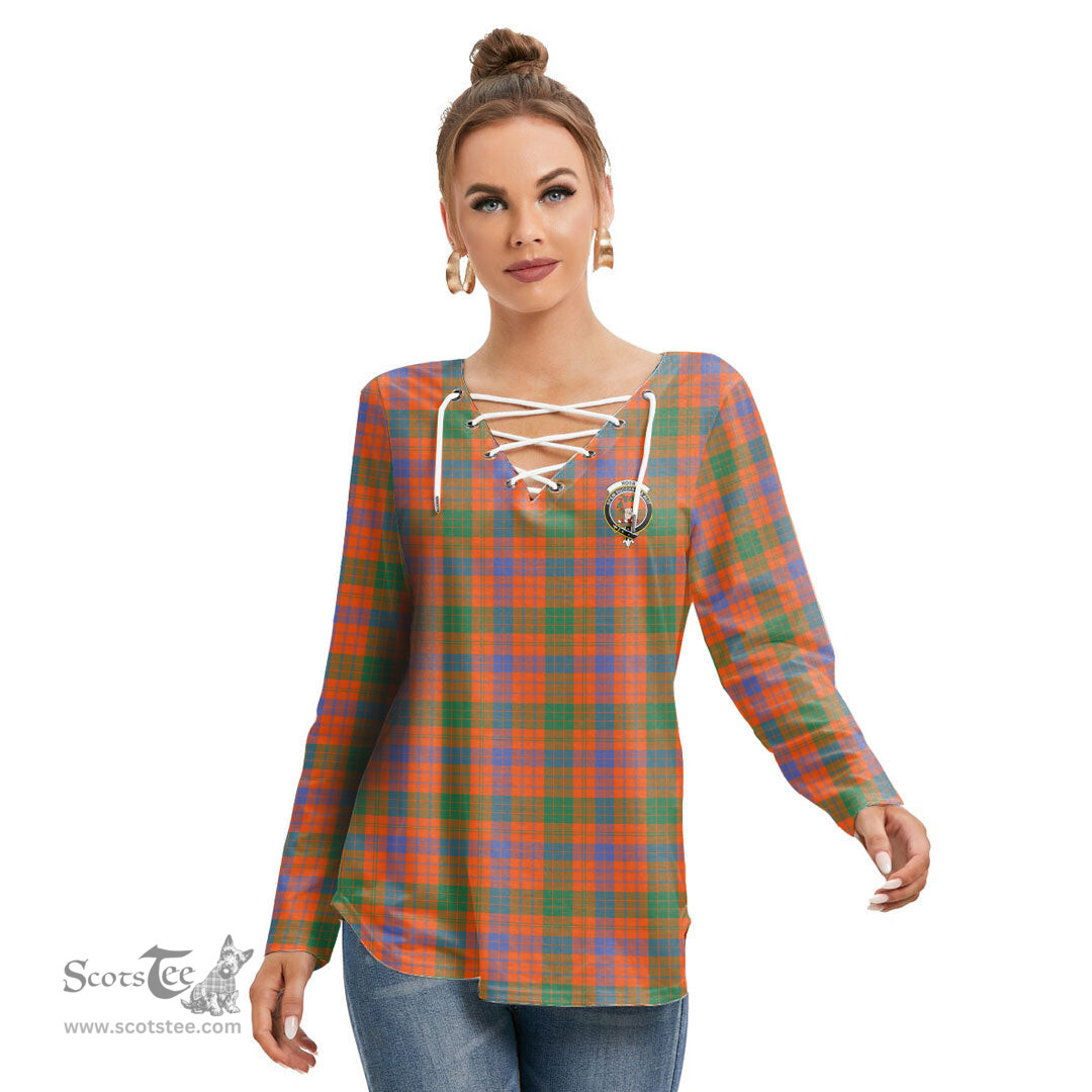 ScotsTee Shop Scottish Ross Ancient Clan Crest Tartan Womens V Neck Lace Up Criss Cross Sweatshirt