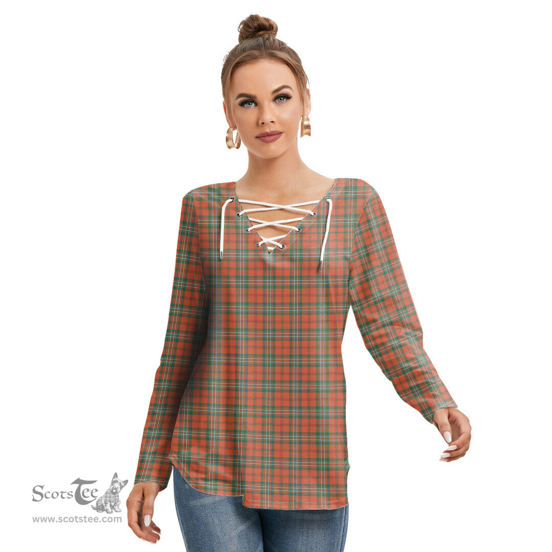 ScotsTee Shop Scottish Scott Ancient Clan Tartan Womens V Neck Lace Up Criss Cross Sweatshirt