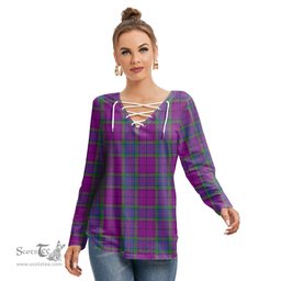 ScotsTee Shop Scottish Wardlaw Modern Clan Tartan Womens V Neck Lace Up Criss Cross Sweatshirt