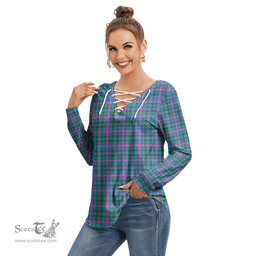 ScotsTee Shop Scottish Ralston Clan Tartan Womens V Neck Lace Up Criss Cross Sweatshirt