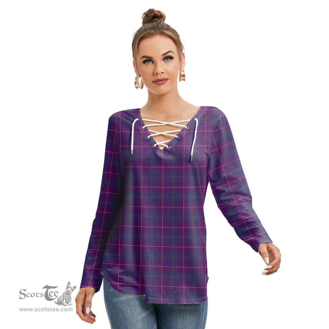 ScotsTee Shop Scottish Pride of Glencoe Clan Tartan Womens V Neck Lace Up Criss Cross Sweatshirt