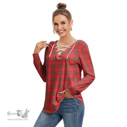 ScotsTee Shop Scottish Ross Modern Clan Tartan Womens V Neck Lace Up Criss Cross Sweatshirt