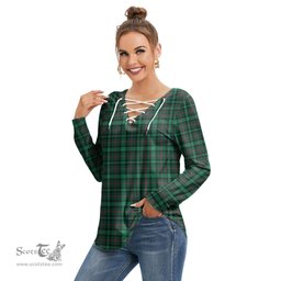 ScotsTee Shop Scottish Ross Hunting Modern Clan Tartan Womens V Neck Lace Up Criss Cross Sweatshirt