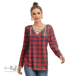 ScotsTee Shop Scottish Robertson Modern Clan Tartan Womens V Neck Lace Up Criss Cross Sweatshirt