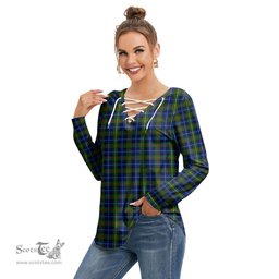 ScotsTee Shop Scottish Smith Modern Clan Tartan Womens V Neck Lace Up Criss Cross Sweatshirt