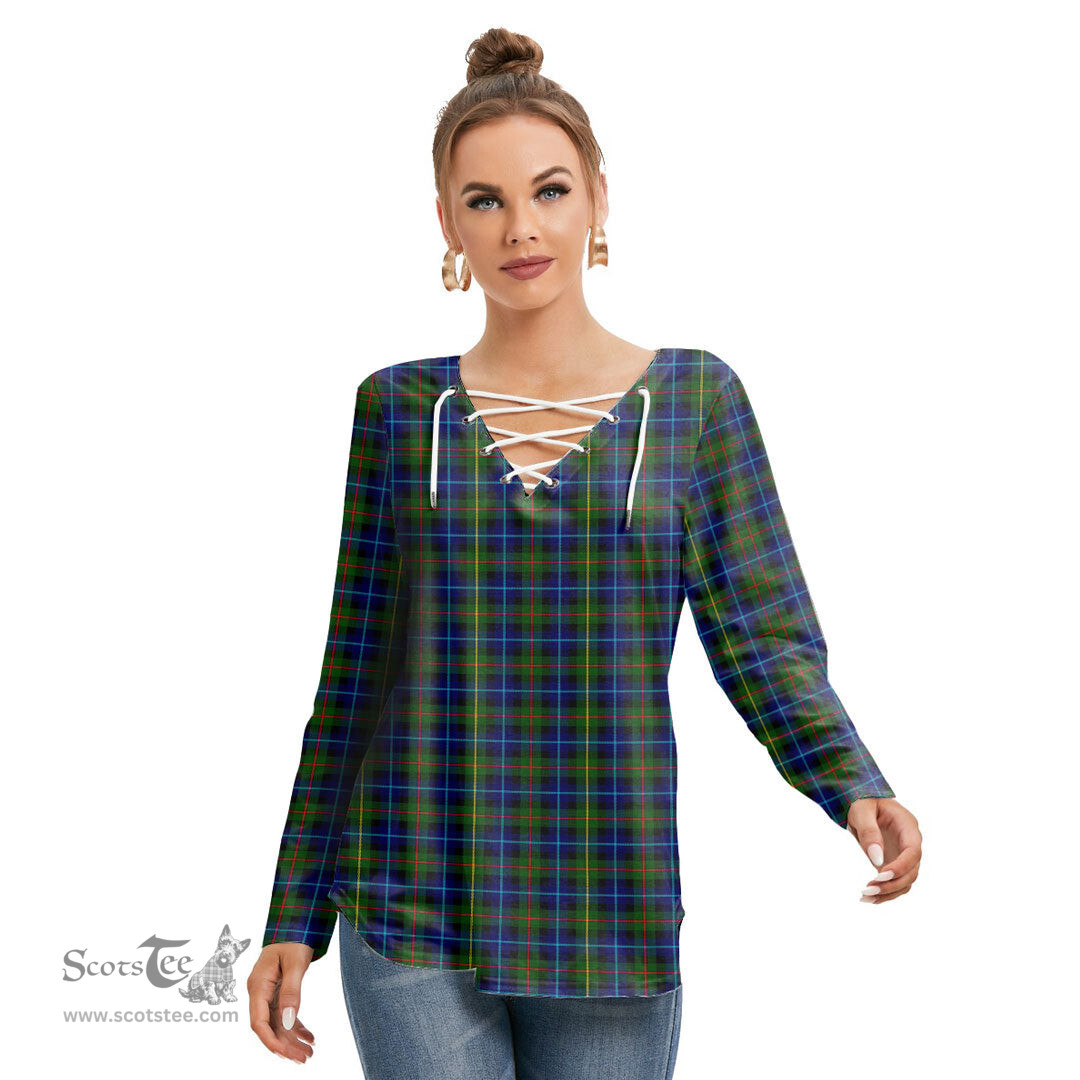 ScotsTee Shop Scottish Smith Modern Clan Tartan Womens V Neck Lace Up Criss Cross Sweatshirt