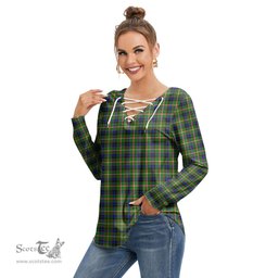 ScotsTee Shop Scottish Reid Green Clan Tartan Womens V Neck Lace Up Criss Cross Sweatshirt