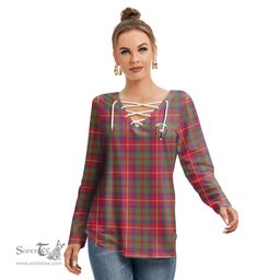 ScotsTee Shop Scottish Shaw Red Modern Clan Crest Tartan Womens V Neck Lace Up Criss Cross Sweatshirt