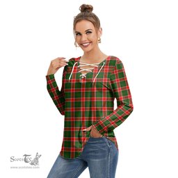 ScotsTee Shop Scottish Pollock Modern Clan Tartan Womens V Neck Lace Up Criss Cross Sweatshirt
