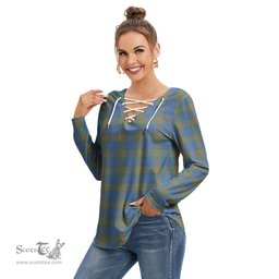 ScotsTee Shop Scottish Stewart of Appin Hunting Ancient Clan Tartan Womens V Neck Lace Up Criss Cross Sweatshirt