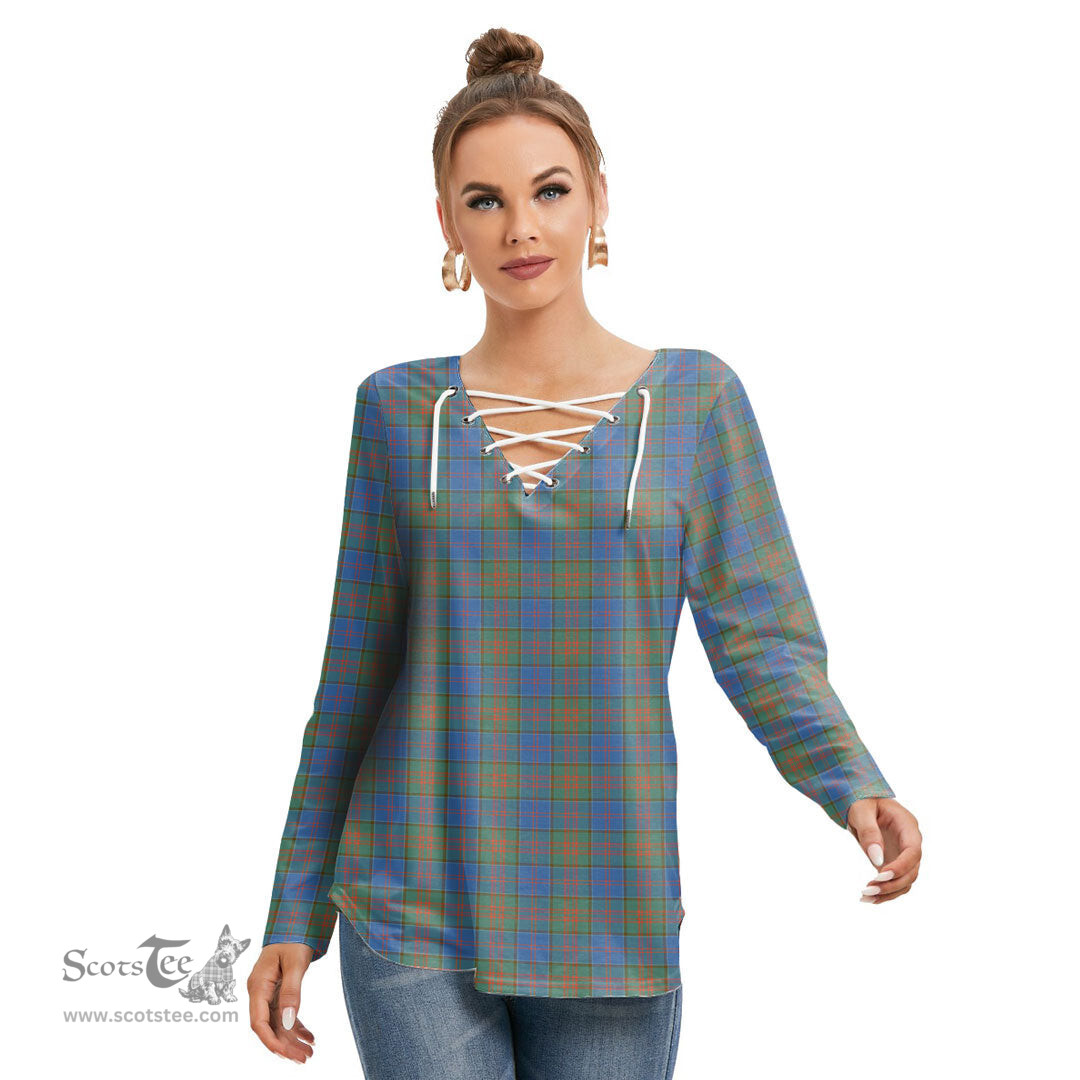 ScotsTee Shop Scottish Stewart of Appin Hunting Ancient Clan Tartan Womens V Neck Lace Up Criss Cross Sweatshirt