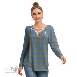 ScotsTee Shop Scottish Stewart of Appin Hunting Ancient Clan Tartan Womens V Neck Lace Up Criss Cross Sweatshirt