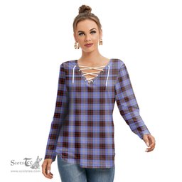 ScotsTee Shop Scottish Rutherford Clan Tartan Womens V Neck Lace Up Criss Cross Sweatshirt