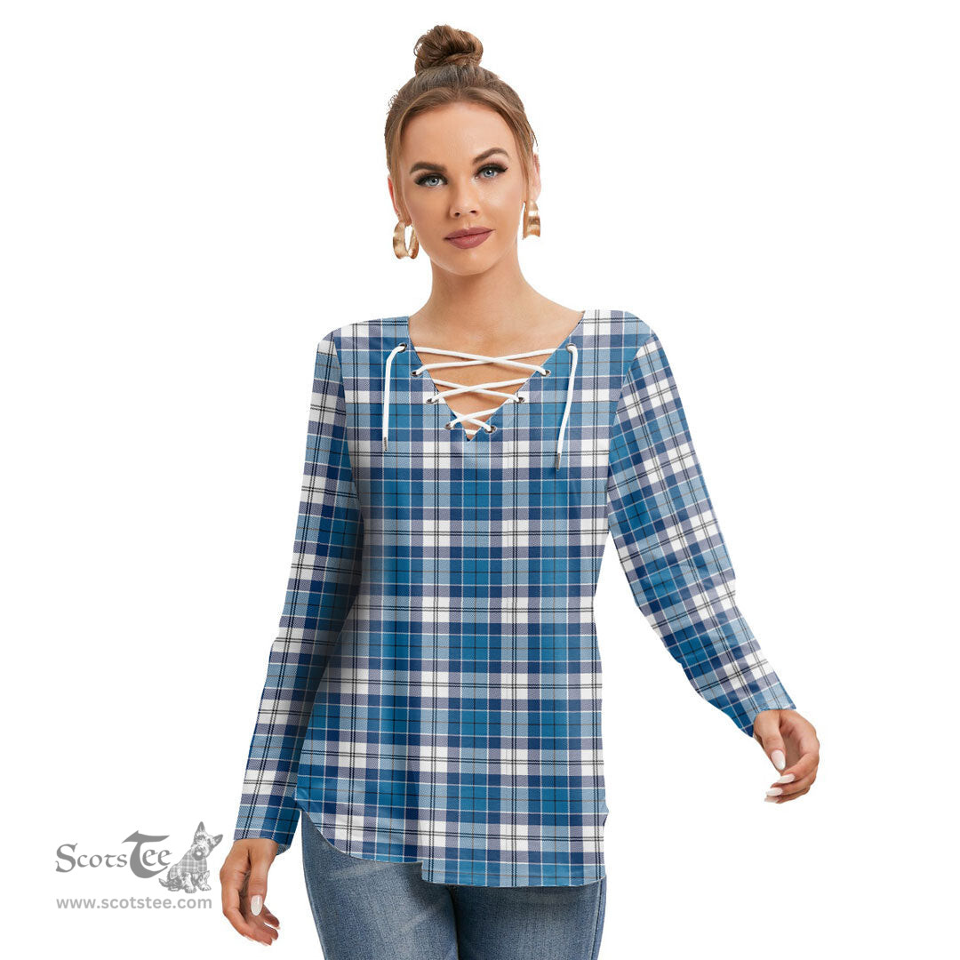 ScotsTee Shop Scottish Strathclyde District Clan Tartan Womens V Neck Lace Up Criss Cross Sweatshirt