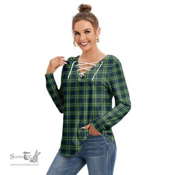 ScotsTee Shop Scottish Tweedside District Clan Tartan Womens V Neck Lace Up Criss Cross Sweatshirt