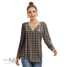ScotsTee Shop Scottish Sutherland Weathered Clan Crest Tartan Womens V Neck Lace Up Criss Cross Sweatshirt