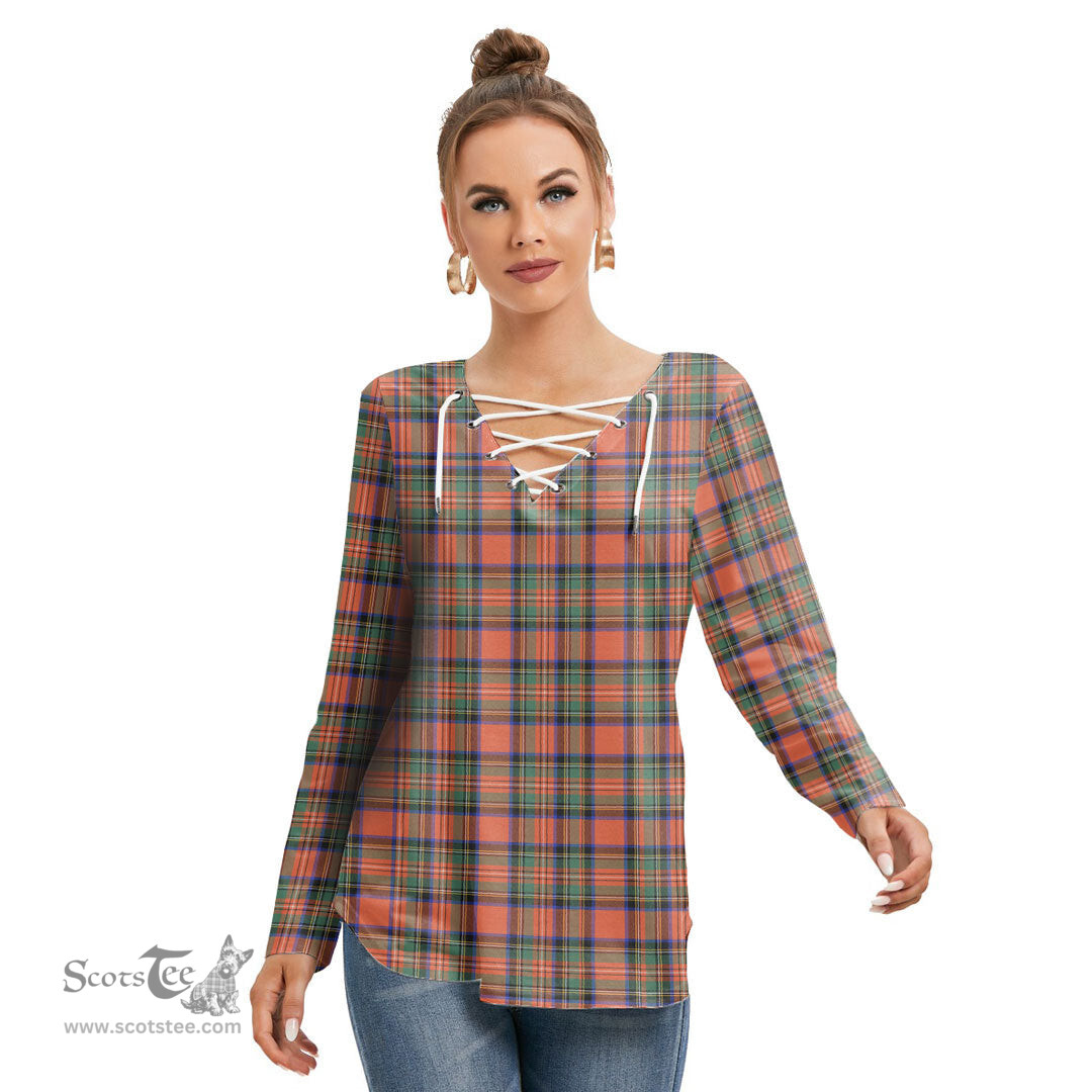 ScotsTee Shop Scottish Stewart Royal Ancient Clan Tartan Womens V Neck Lace Up Criss Cross Sweatshirt