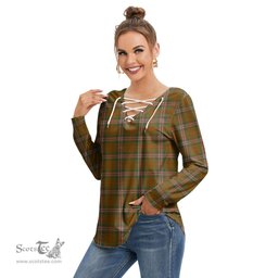 ScotsTee Shop Scottish SCOTT BROWN MODERN Clan Tartan Womens V Neck Lace Up Criss Cross Sweatshirt