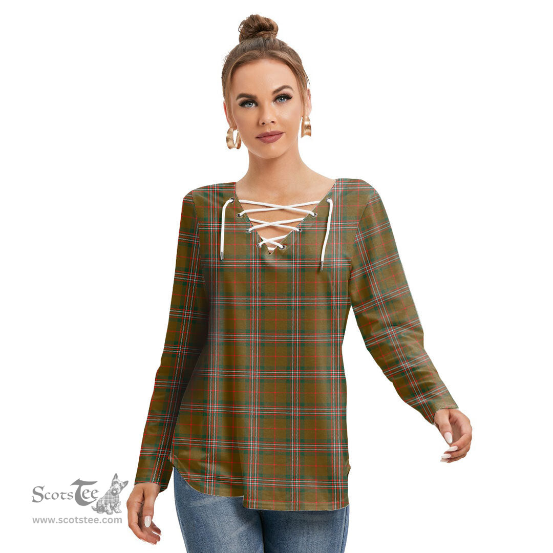 ScotsTee Shop Scottish SCOTT BROWN MODERN Clan Tartan Womens V Neck Lace Up Criss Cross Sweatshirt