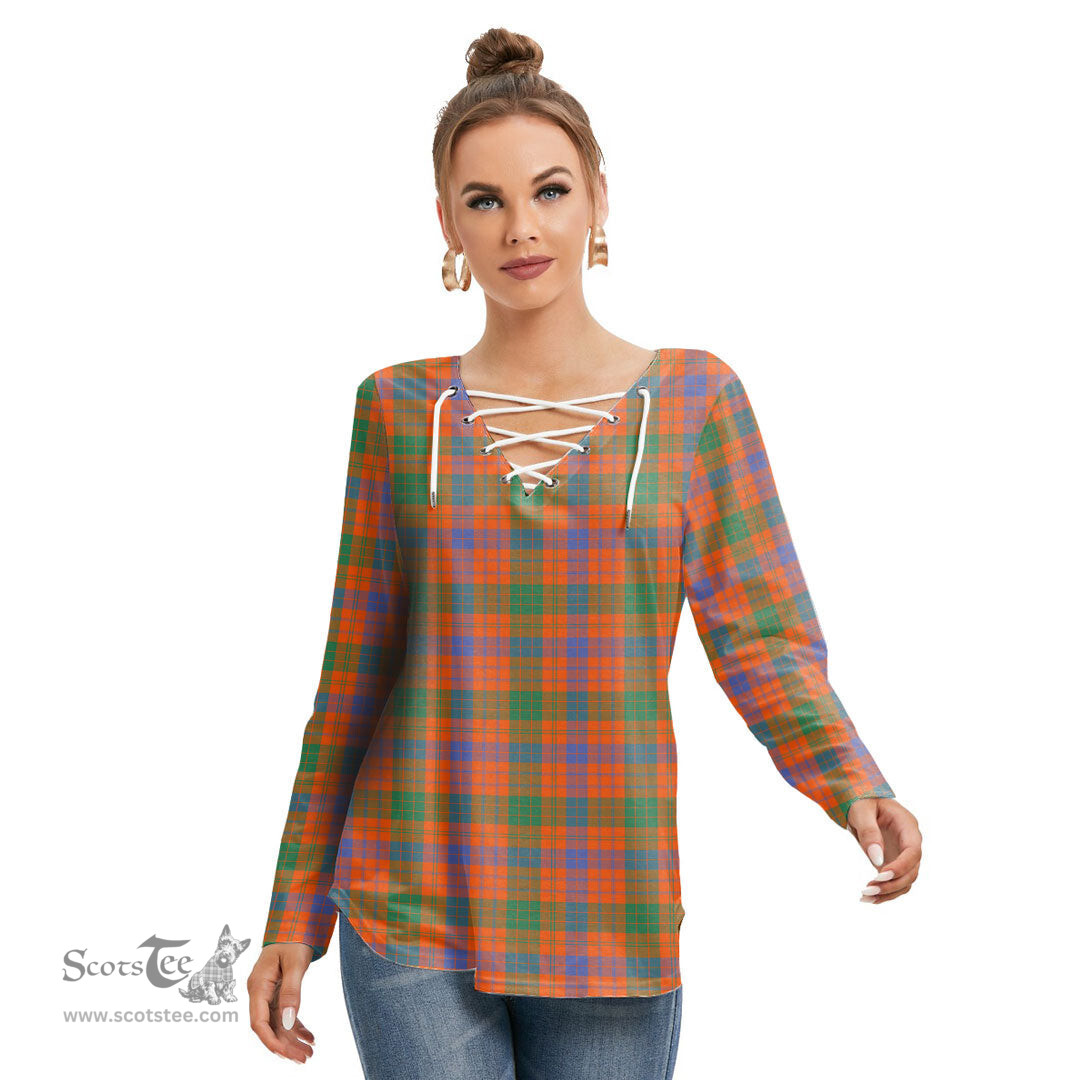 ScotsTee Shop Scottish Ross Ancient Clan Tartan Womens V Neck Lace Up Criss Cross Sweatshirt