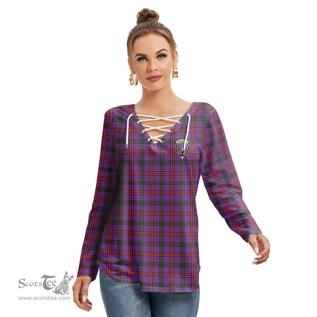 ScotsTee Shop Scottish Montgomery Modern Clan Crest Tartan Womens V Neck Lace Up Criss Cross Sweatshirt