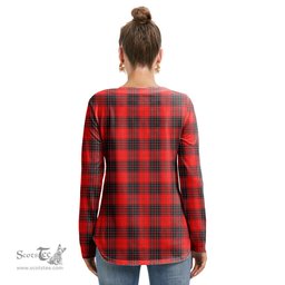 ScotsTee Shop Scottish Wemyss Modern Clan Crest Tartan Womens V Neck Lace Up Criss Cross Sweatshirt
