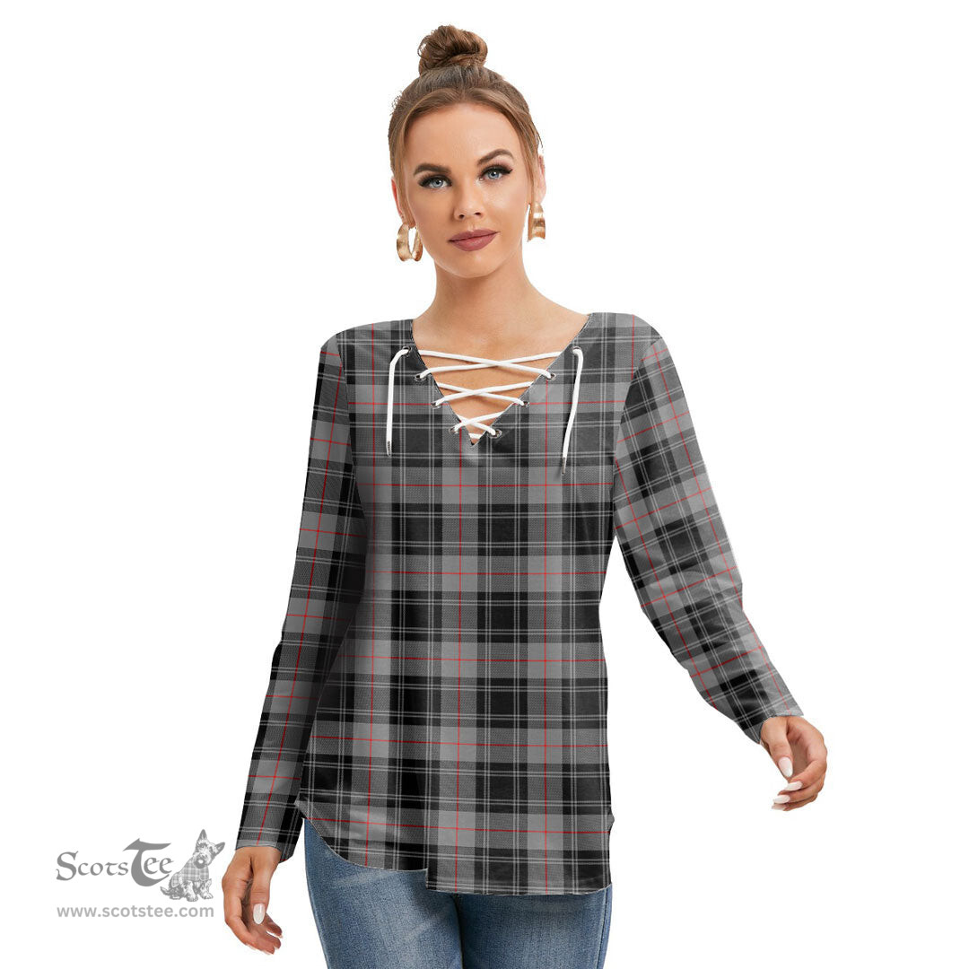 ScotsTee Shop Scottish Moffat Modern Clan Tartan Womens V Neck Lace Up Criss Cross Sweatshirt