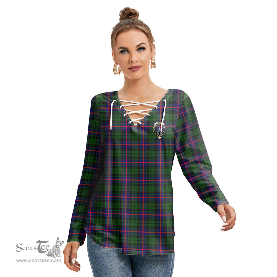 ScotsTee Shop Scottish Morrison Modern Clan Crest Tartan Womens V Neck Lace Up Criss Cross Sweatshirt
