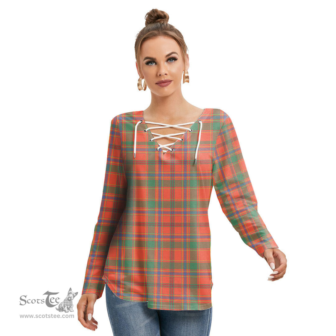 ScotsTee Shop Scottish Munro Ancient Clan Tartan Womens V Neck Lace Up Criss Cross Sweatshirt