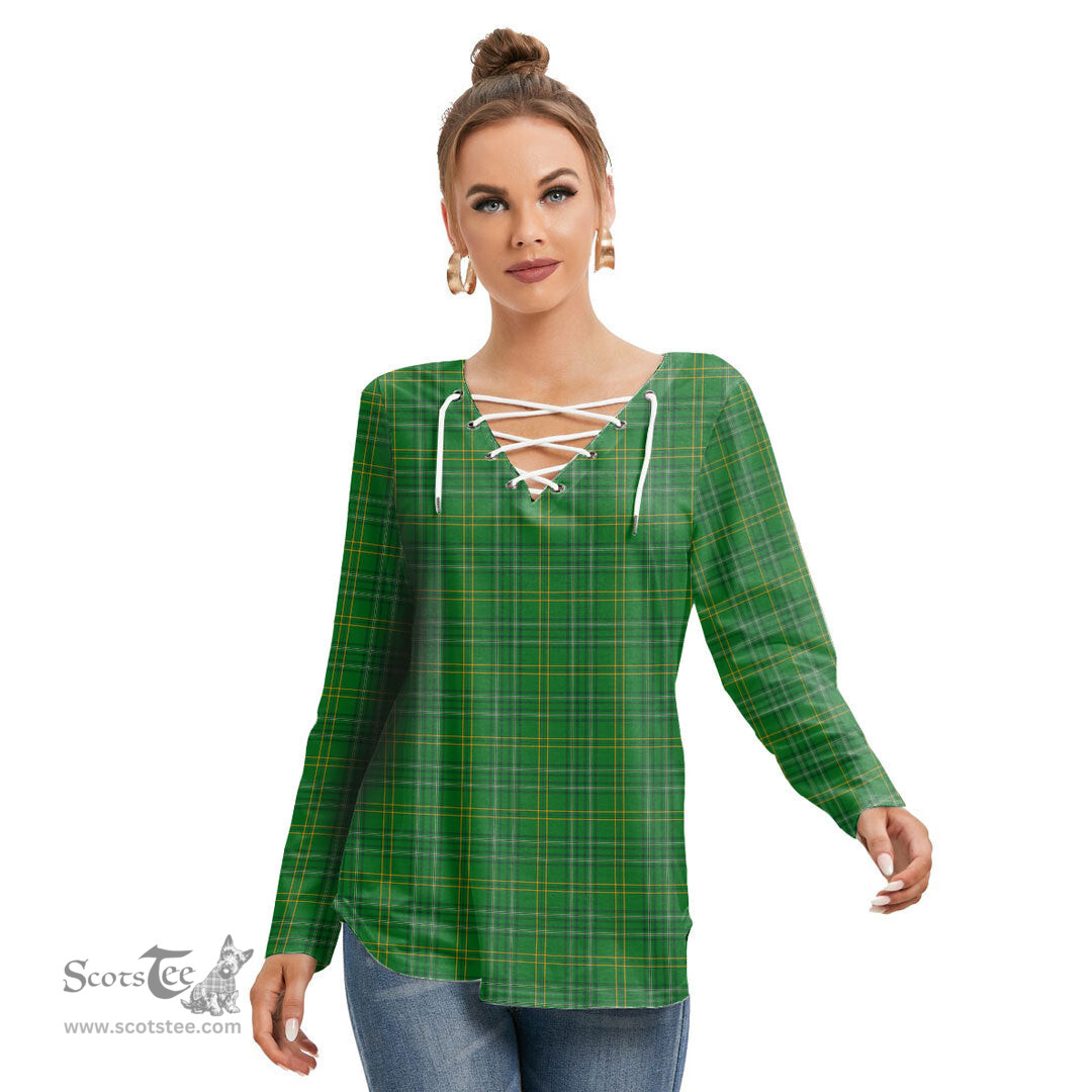 ScotsTee Shop Scottish Wexford County Clan Tartan Womens V Neck Lace Up Criss Cross Sweatshirt