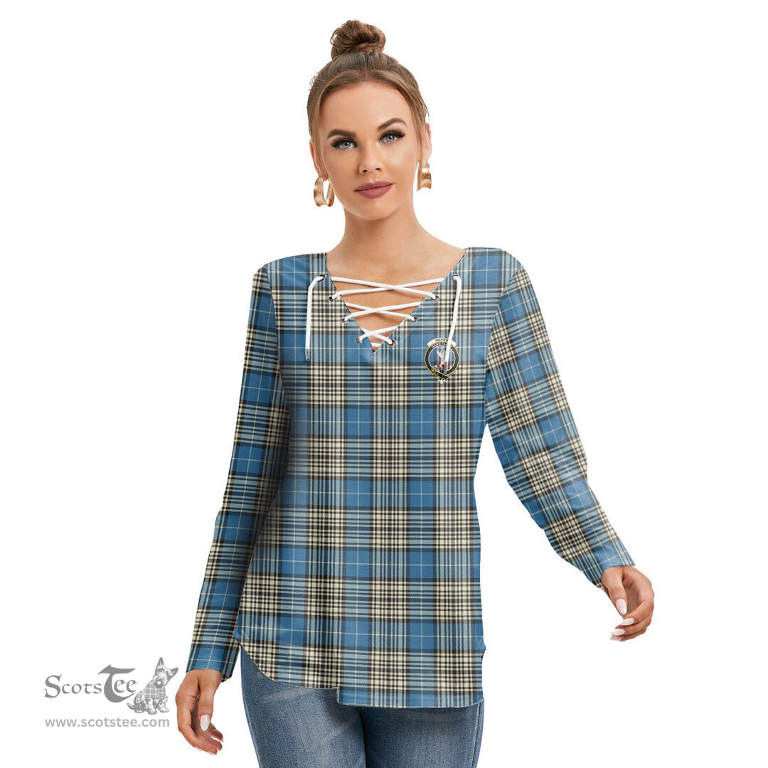 ScotsTee Shop Scottish Napier Ancient Clan Crest Tartan Womens V Neck Lace Up Criss Cross Sweatshirt