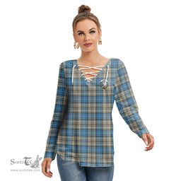 ScotsTee Shop Scottish Napier Ancient Clan Crest Tartan Womens V Neck Lace Up Criss Cross Sweatshirt