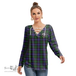 ScotsTee Shop Scottish Russell Modern Clan Crest Tartan Womens V Neck Lace Up Criss Cross Sweatshirt