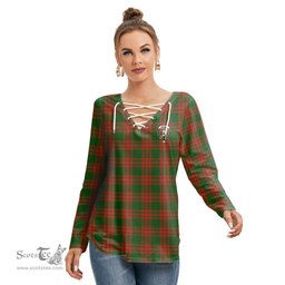 ScotsTee Shop Scottish Menzies Green Modern Clan Crest Tartan Womens V Neck Lace Up Criss Cross Sweatshirt