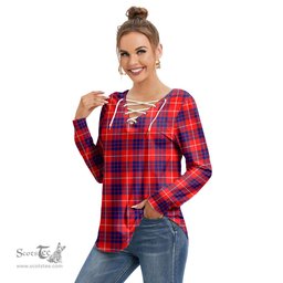 ScotsTee Shop Scottish Hamilton Modern Clan Tartan Womens V Neck Lace Up Criss Cross Sweatshirt