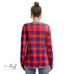 ScotsTee Shop Scottish Hamilton Modern Clan Tartan Womens V Neck Lace Up Criss Cross Sweatshirt