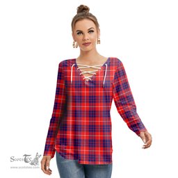 ScotsTee Shop Scottish Hamilton Modern Clan Tartan Womens V Neck Lace Up Criss Cross Sweatshirt