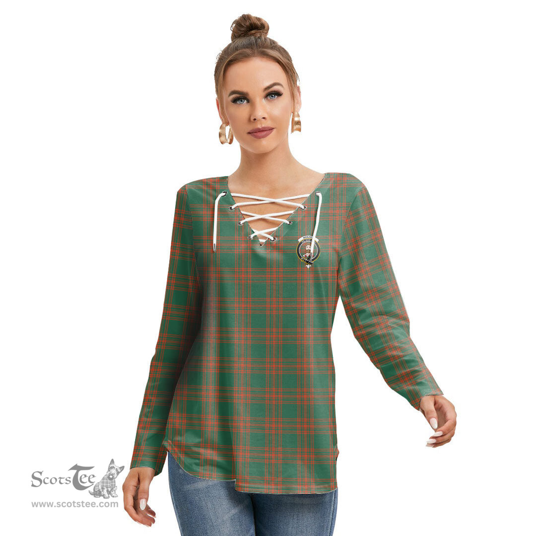 ScotsTee Shop Scottish Menzies Green Ancient Clan Crest Tartan Womens V Neck Lace Up Criss Cross Sweatshirt