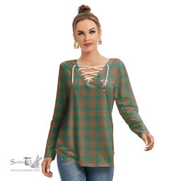 ScotsTee Shop Scottish Menzies Green Ancient Clan Crest Tartan Womens V Neck Lace Up Criss Cross Sweatshirt