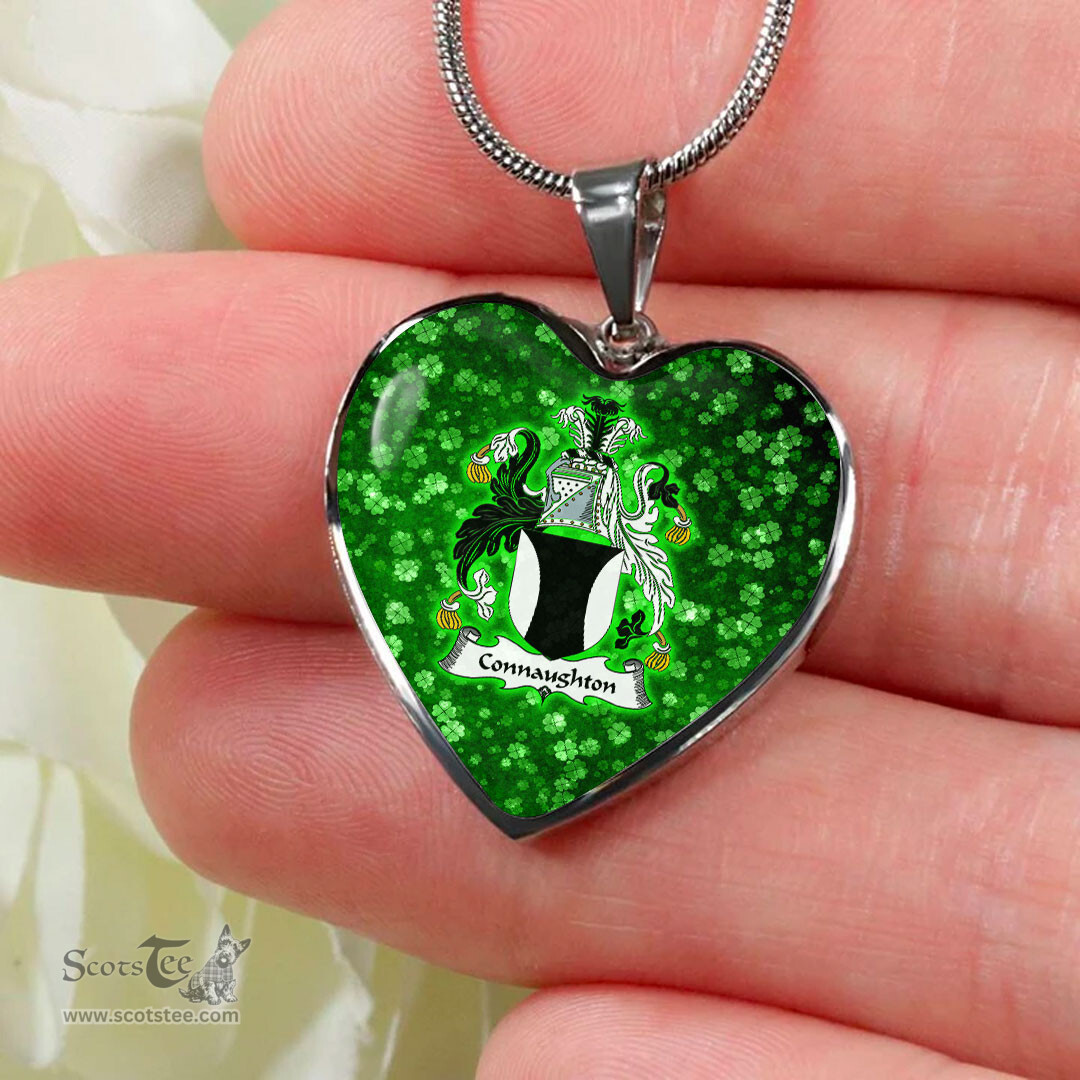 ScotsTee Shop Irish Connaughton Coat of Arms Crest Ireland Shamrock Heart Necklace