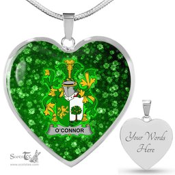 ScotsTee Shop Irish Connor or O Connor Sligo Coat of Arms Crest Ireland Shamrock Heart Necklace