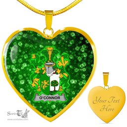 ScotsTee Shop Irish Connor or O Connor Sligo Coat of Arms Crest Ireland Shamrock Heart Necklace