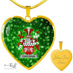 ScotsTee Shop Irish Corcoran or McCorcoran Coat of Arms Crest Ireland Shamrock Heart Necklace
