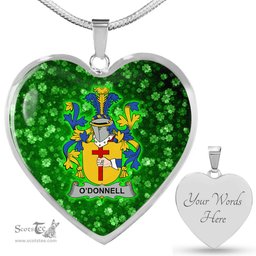 ScotsTee Shop Irish Donnell or O Donnell Coat of Arms Crest Ireland Shamrock Heart Necklace