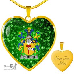 ScotsTee Shop Irish Donnell or O Donnell Coat of Arms Crest Ireland Shamrock Heart Necklace
